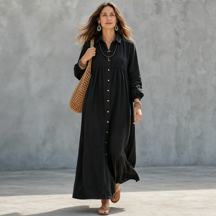 Linalle – Button-Front Linen-Look Maxi Dress