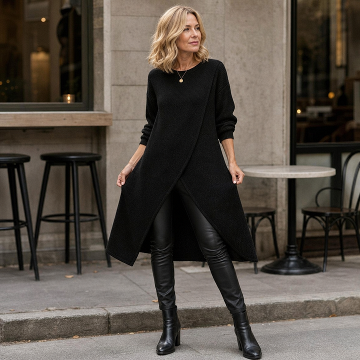 Wrapline – Asymmetric Wrap-Front Slit Hem Tunic Dress