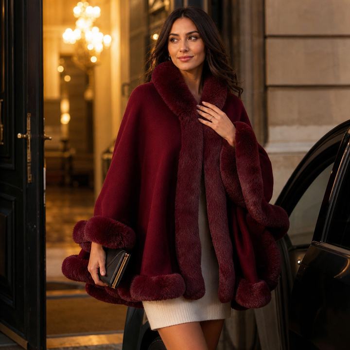 Wearbella – Fur-Trimmed Hooded Knit Cape Coat