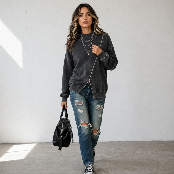 Slantwick – Diagonal Zip Drop-Shoulder Sweatshirt Jacket