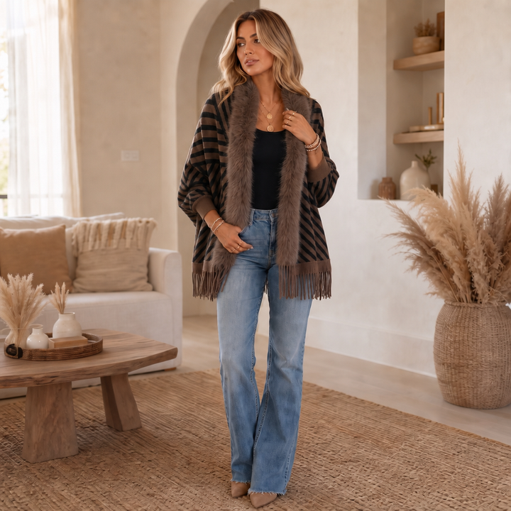 Velmora – Fringed Faux Fur Poncho Cardigan