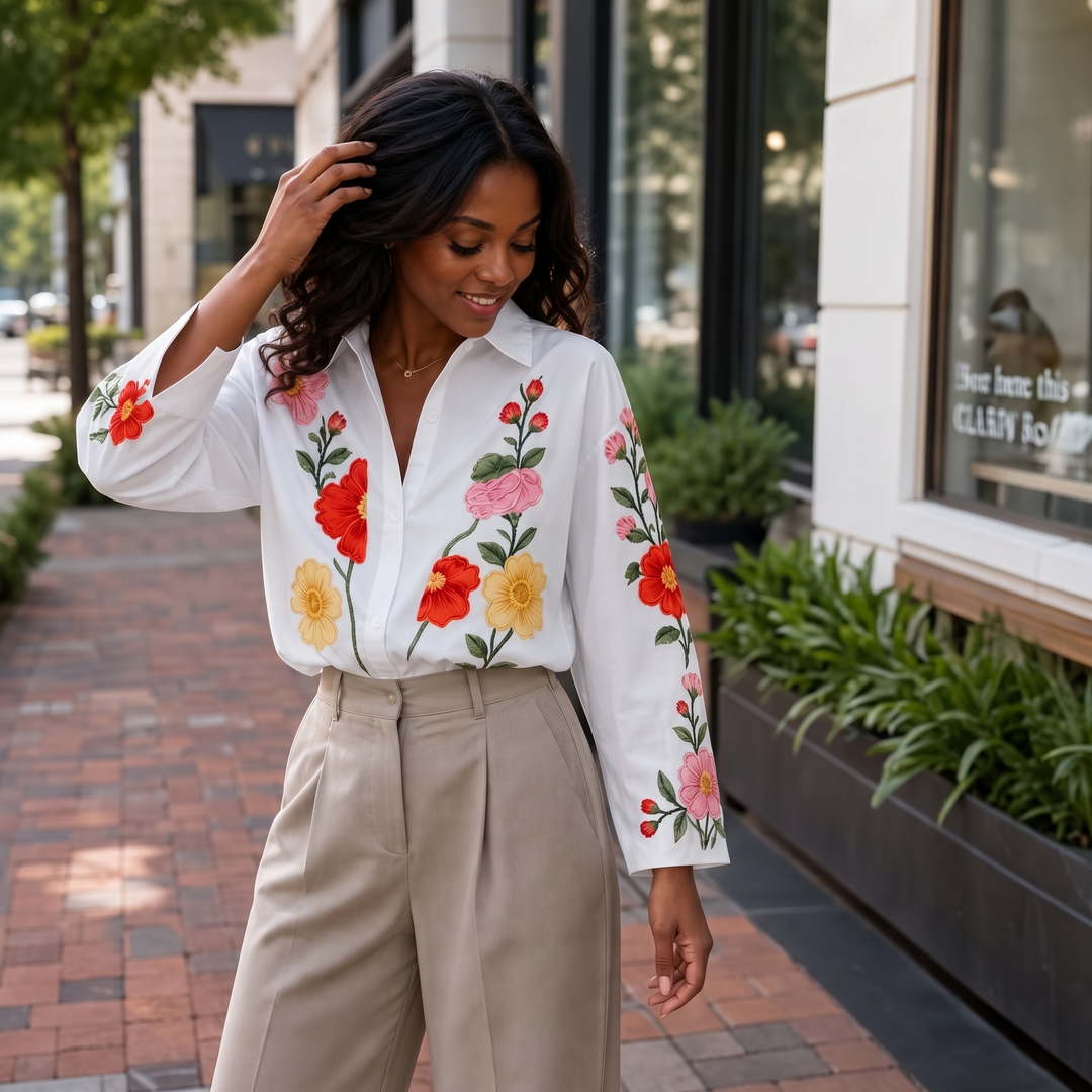 Lunabloom – Floral Embroidered-Look Lapel-Collar Blouse