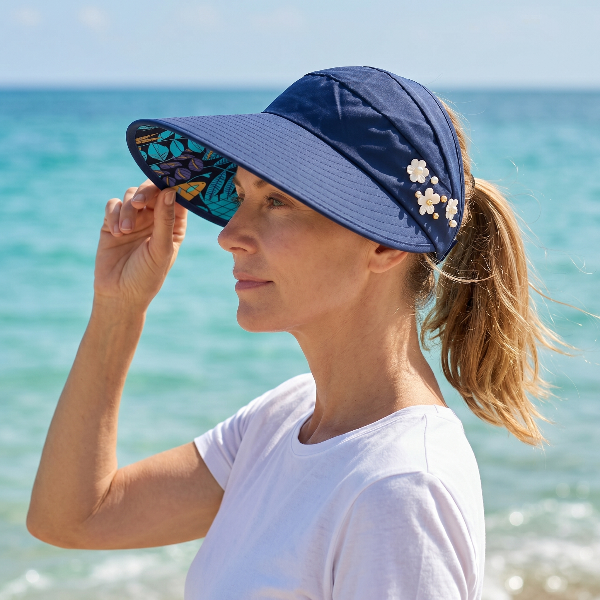 Solwen – Wide Brim Sun Visor with Ponytail Opening
