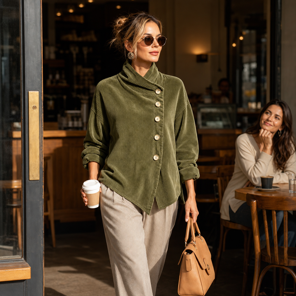 Wearbella – Funnel Collar Asymmetric Button Corduroy Top