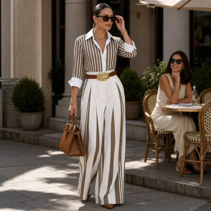 Lineleigh – Striped Wide-Leg Shirt And Pants Set