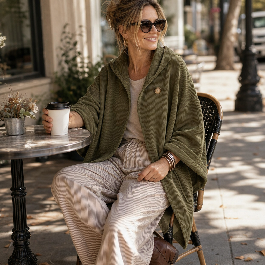 Draperly – Asymmetric Hem Hooded Corduroy Poncho