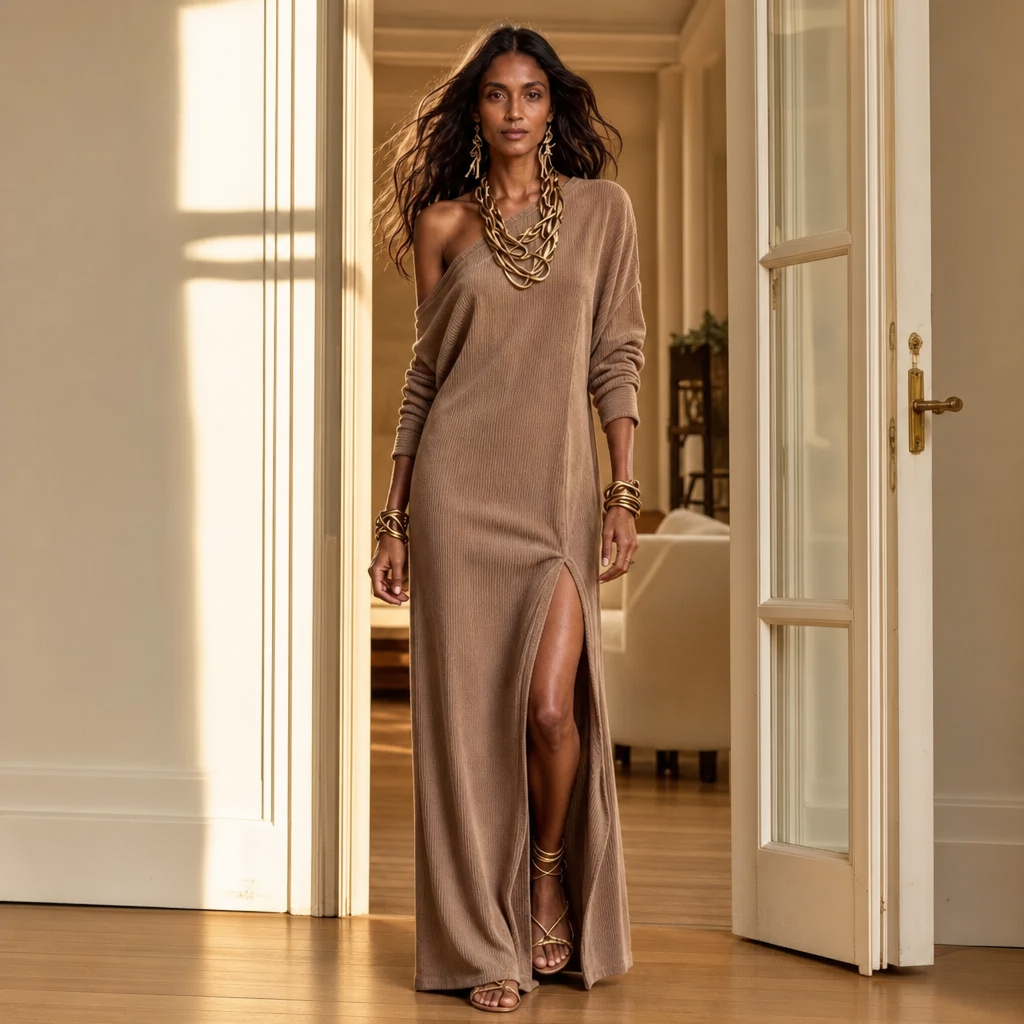 Vaelora – One-Shoulder Ribbed Thigh-Slit Maxi Dress