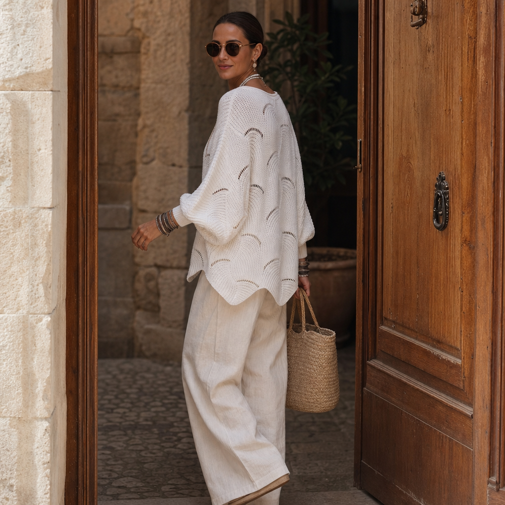 Wavelune – Openwork Wave-Knit Batwing Sweater