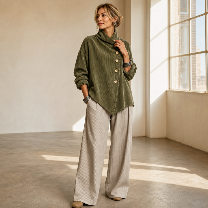 Foldover – Asymmetric Placket Funnel Neck Corduroy Top