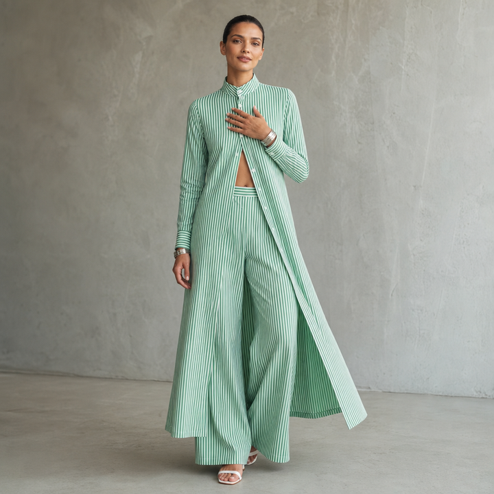 Wearbella – High-Low Striped Shirt And Wide-Leg Pants Set