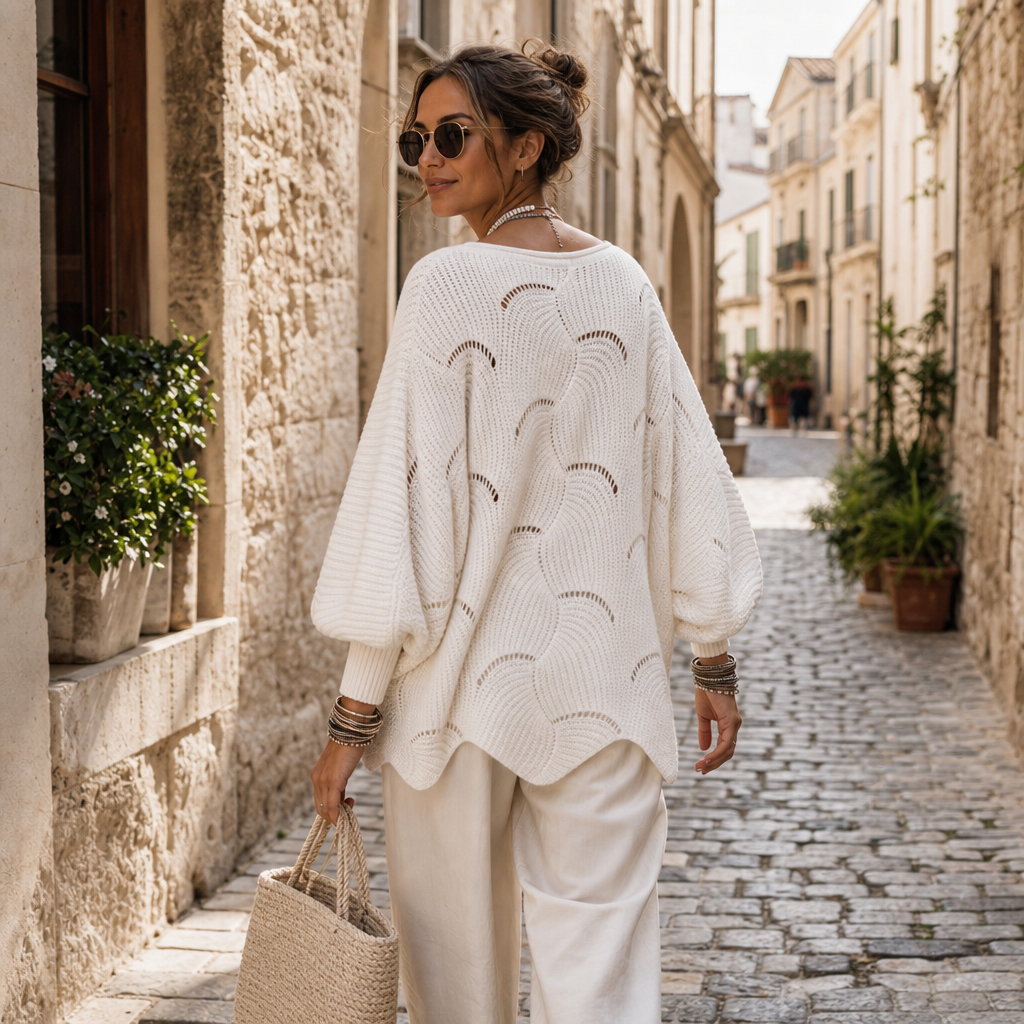 Wavelune – Openwork Wave-Knit Batwing Sweater