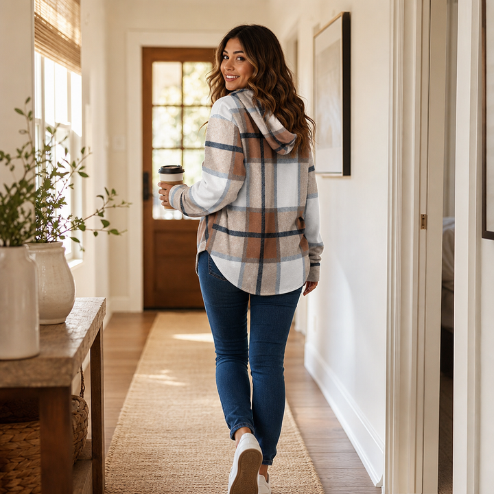Plaidwell – Drawstring V-Neck Hooded Plaid Top