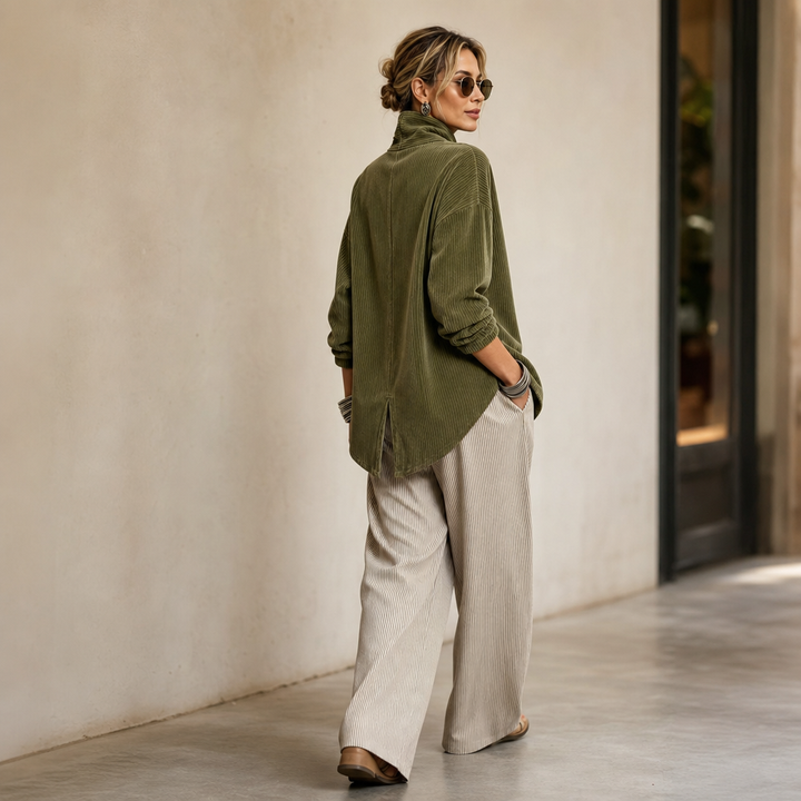 Wearbella – Funnel Collar Asymmetric Button Corduroy Top