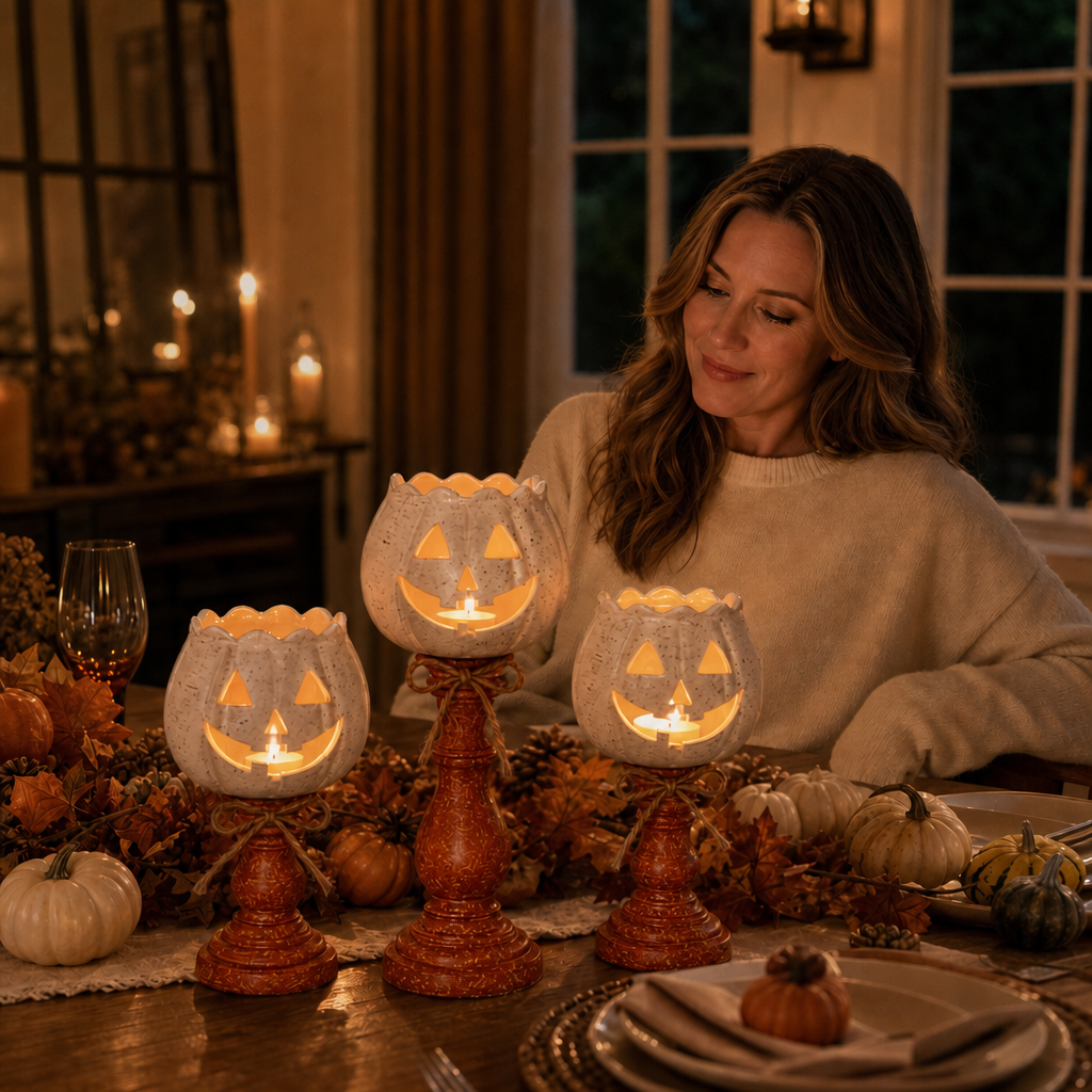 Harvestglow – Distressed Layered Pumpkin Candle Holder Trio (3-pack)