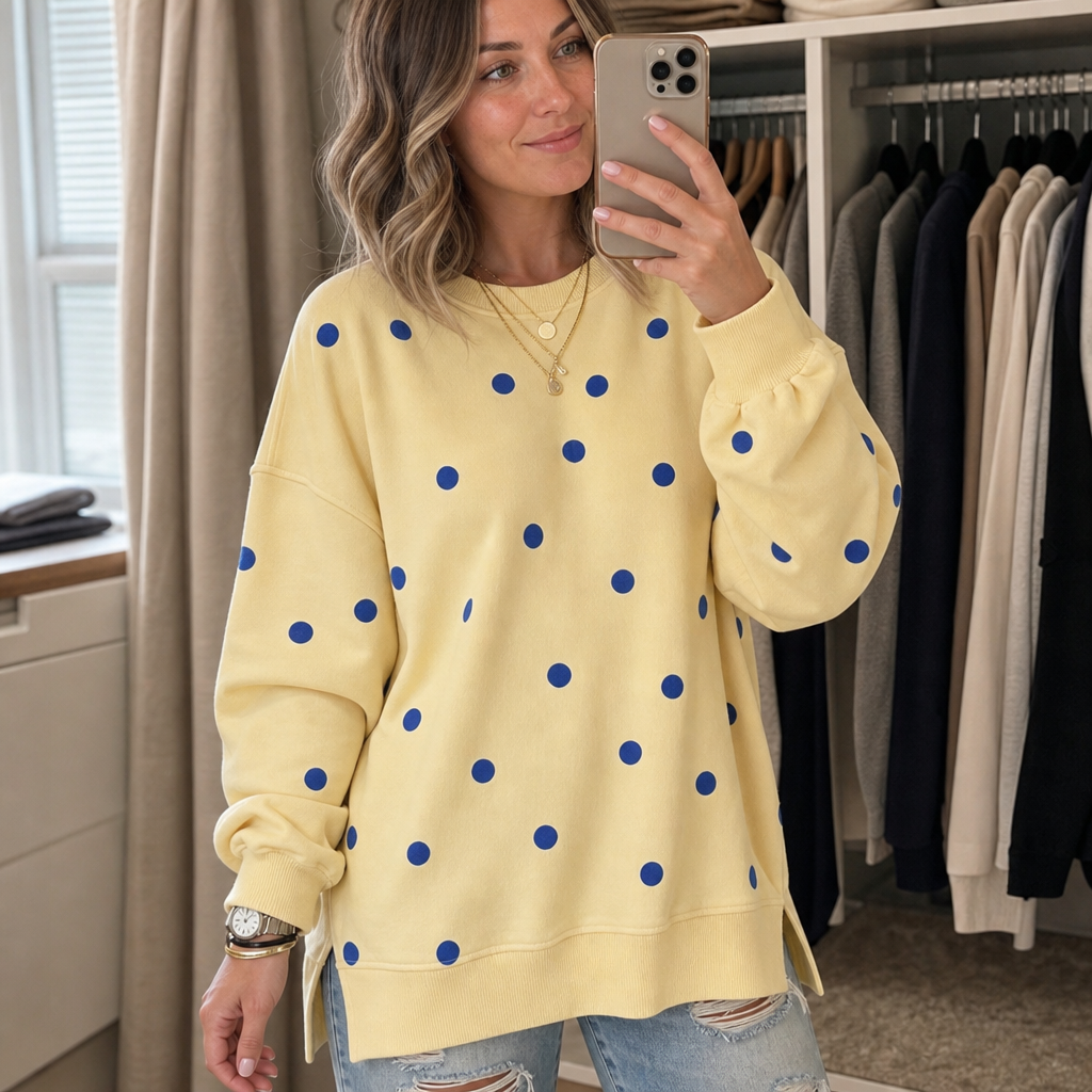 Sunbelle – Polka Dot Ribbon-Tie Neck Sweatshirt