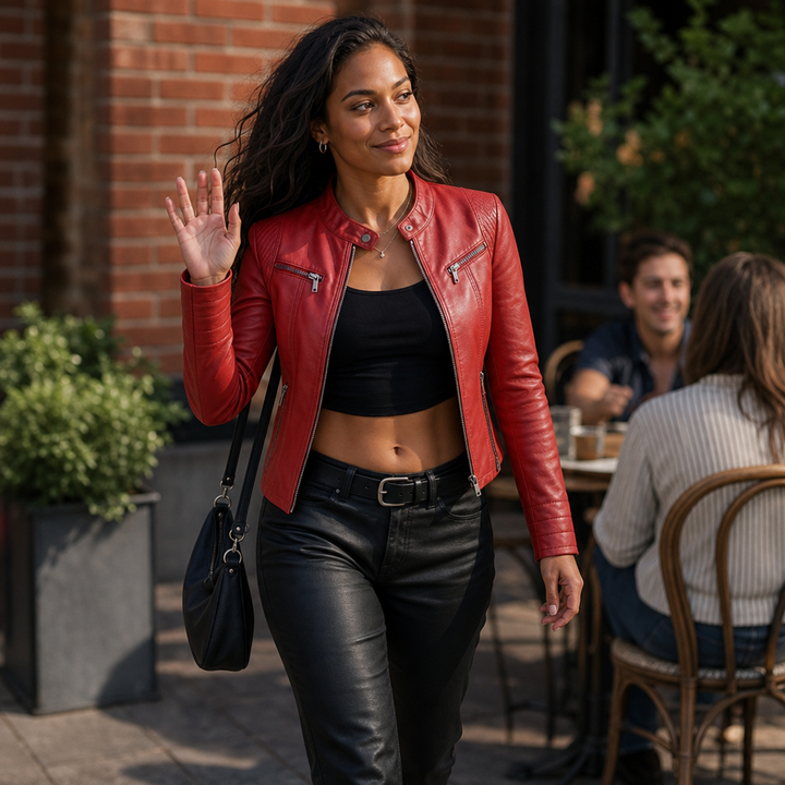 Sillette – Padded-Shoulder Cropped Faux-Leather Moto Jacket
