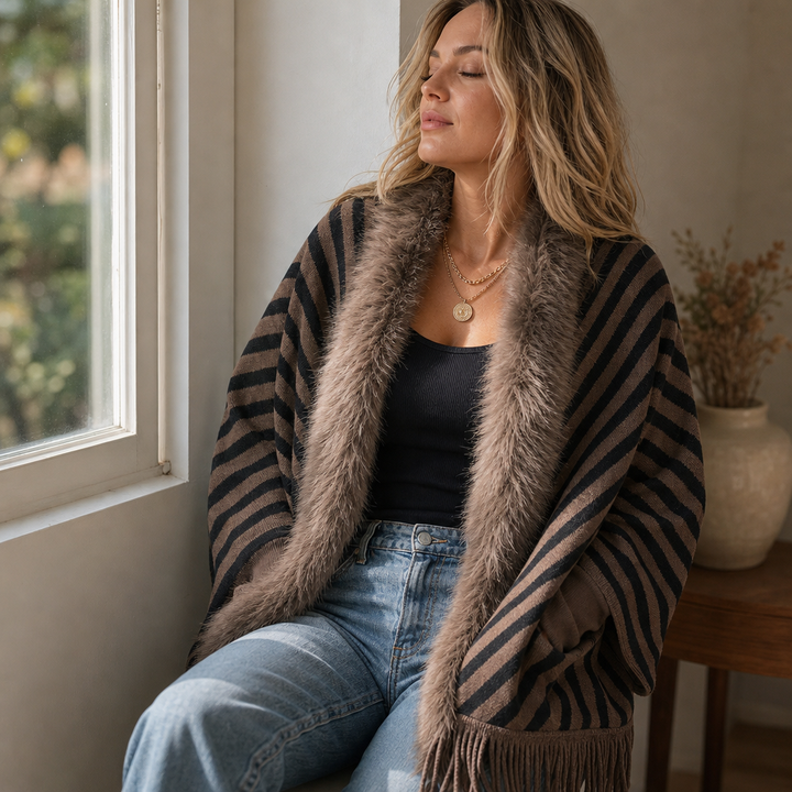 Velmora – Fringed Faux Fur Poncho Cardigan