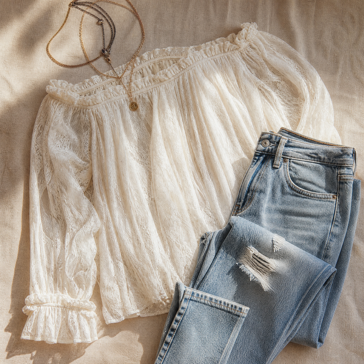 Veluna - Off-Shoulder Lace Blouse with Bell Sleeves
