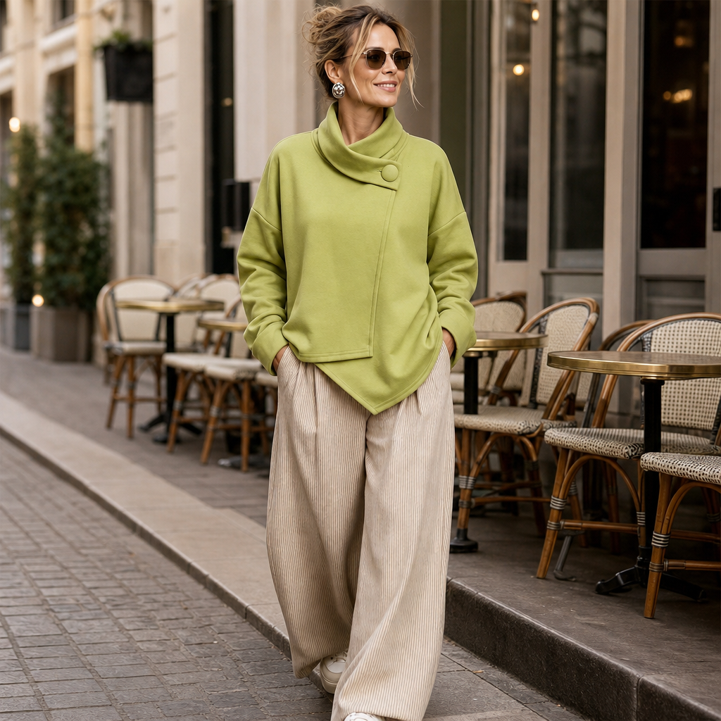 Draperly – Asymmetric Cowl Neck Button Sweatshirt
