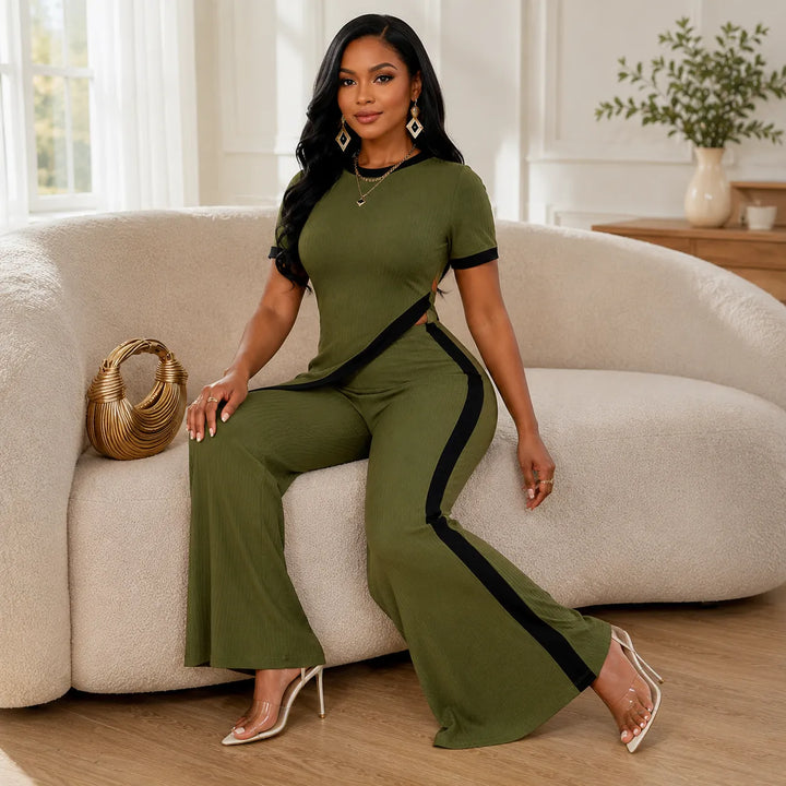 Velora – Asymmetric Ribbed Two-Piece Set with Flared Pants