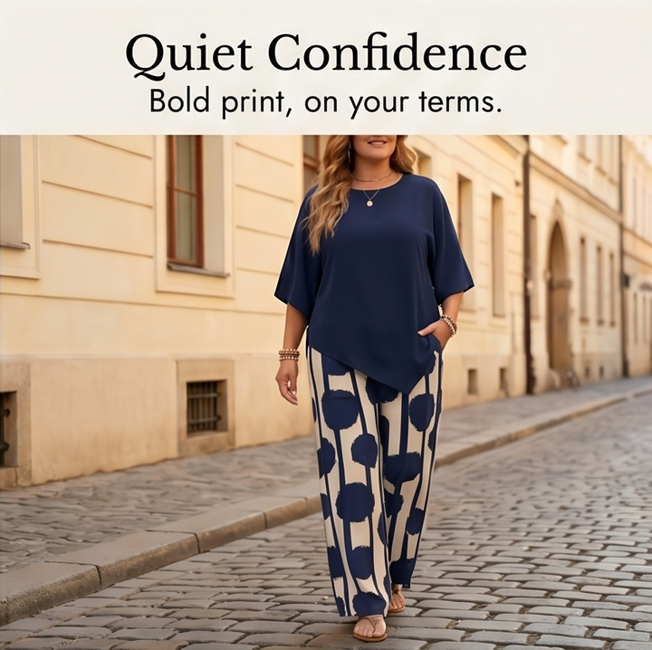 Luna – Women's Asymmetric Drape 2-Piece Set with Wide-Leg Print Pants