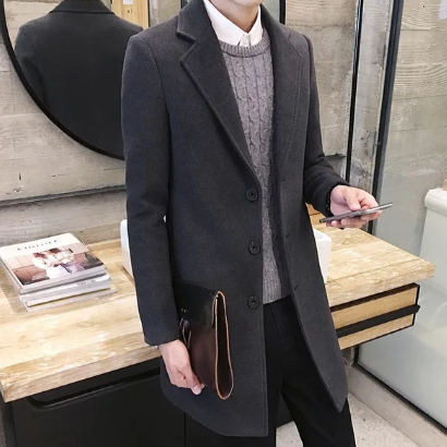 August | Men's Long Coat with Button Closure