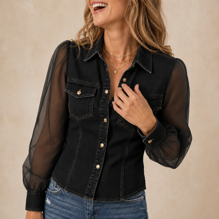 Wearbella – Sheer Puff Sleeve Denim Button-Up Shirt