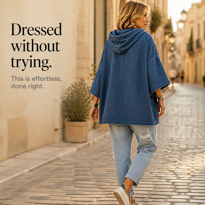 Wearlow – Oversized Washed Denim Look Hooded Poncho