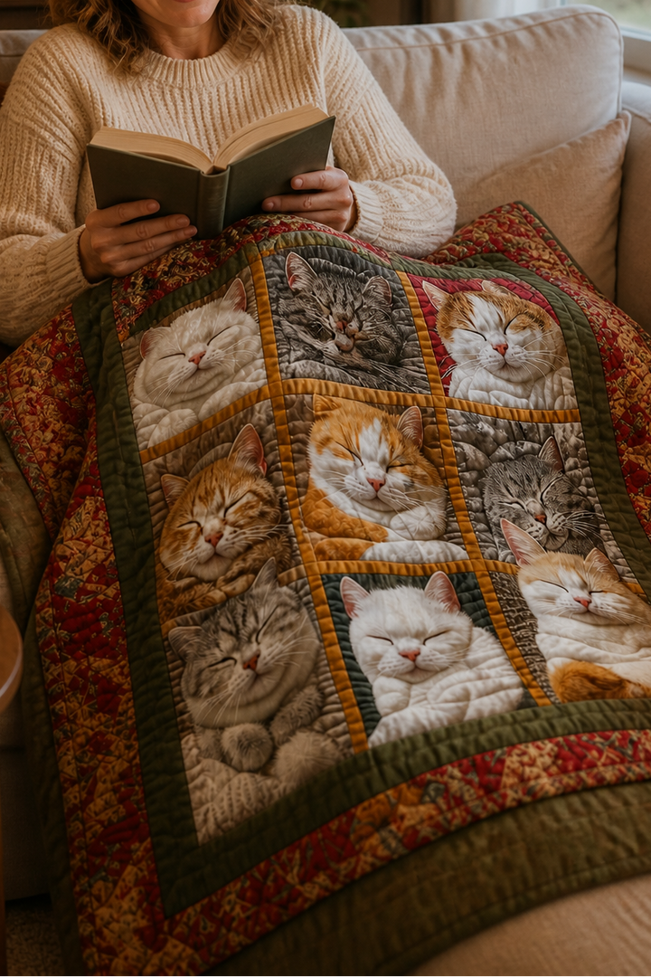 Purrfecto – Nine-Panel Sleeping Cats Reversible Flannel Throw