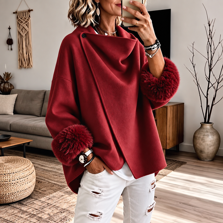 Wearbella – Faux Fur Cuff Asymmetric Wrap Blend Jacket