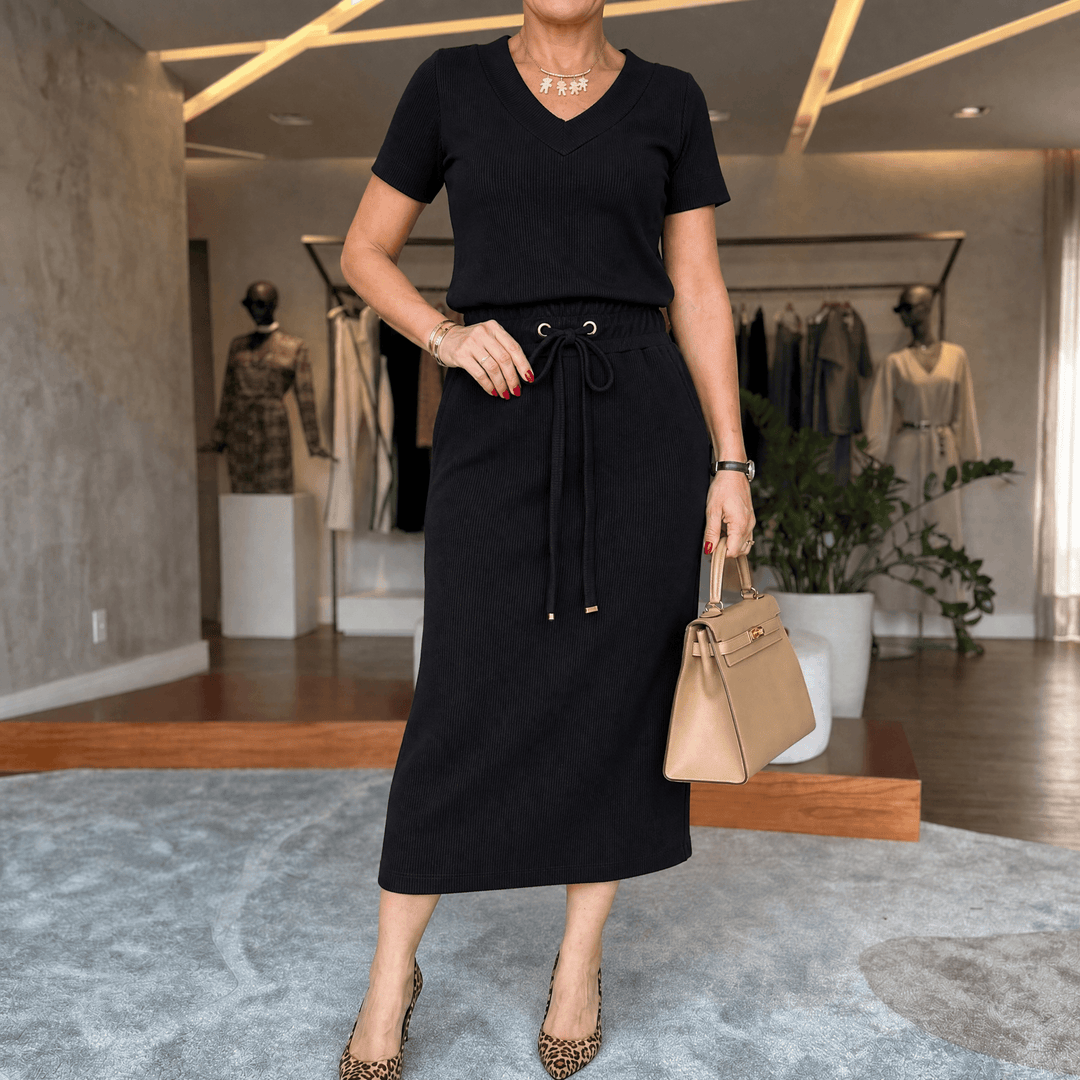 Saviya – Women's Ribbed V-Neck Top and Midi Skirt Set