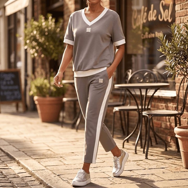 Ellara – Women's Contrast Trim V-Neck Pants Set