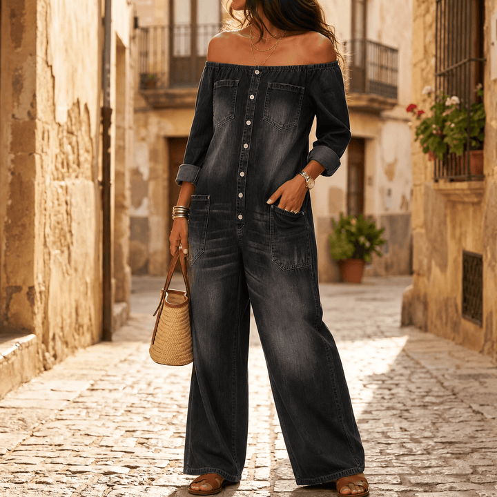 Soluna – Women's Off-Shoulder Wide-Leg Denim Jumpsuit