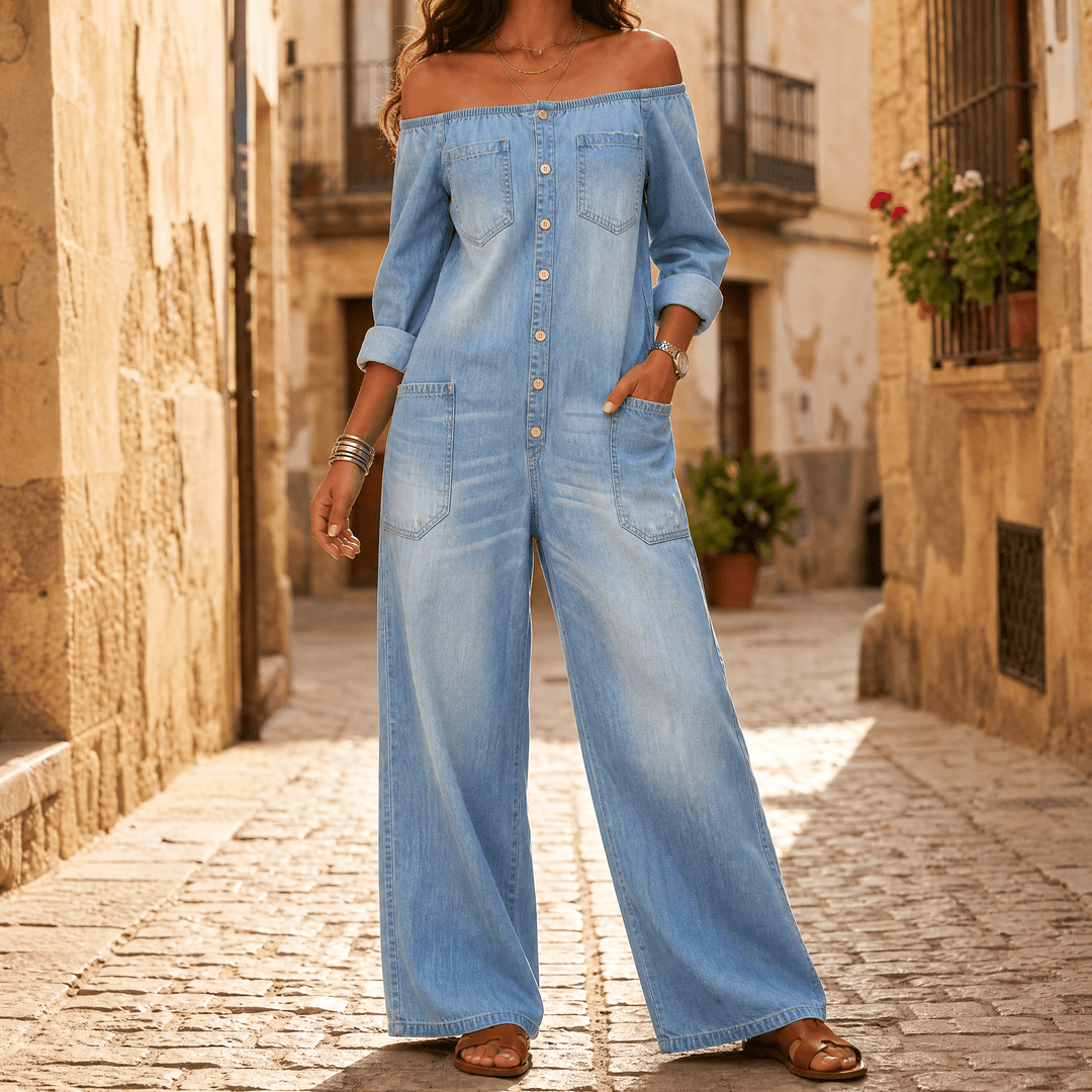 Soluna – Women's Off-Shoulder Wide-Leg Denim Jumpsuit