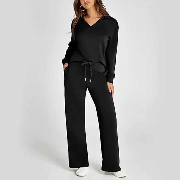 Softline – V-Neck Knit Top And Wide-Leg Pants Set