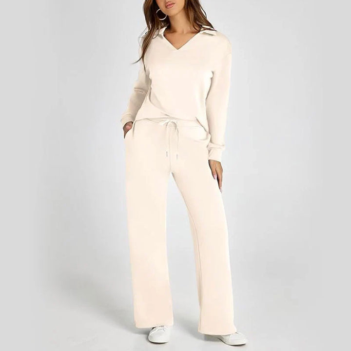 Softline – V-Neck Knit Top And Wide-Leg Pants Set