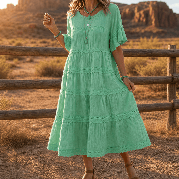 Sundara – Women's Tiered Lace Midi Dress with Hidden Pockets