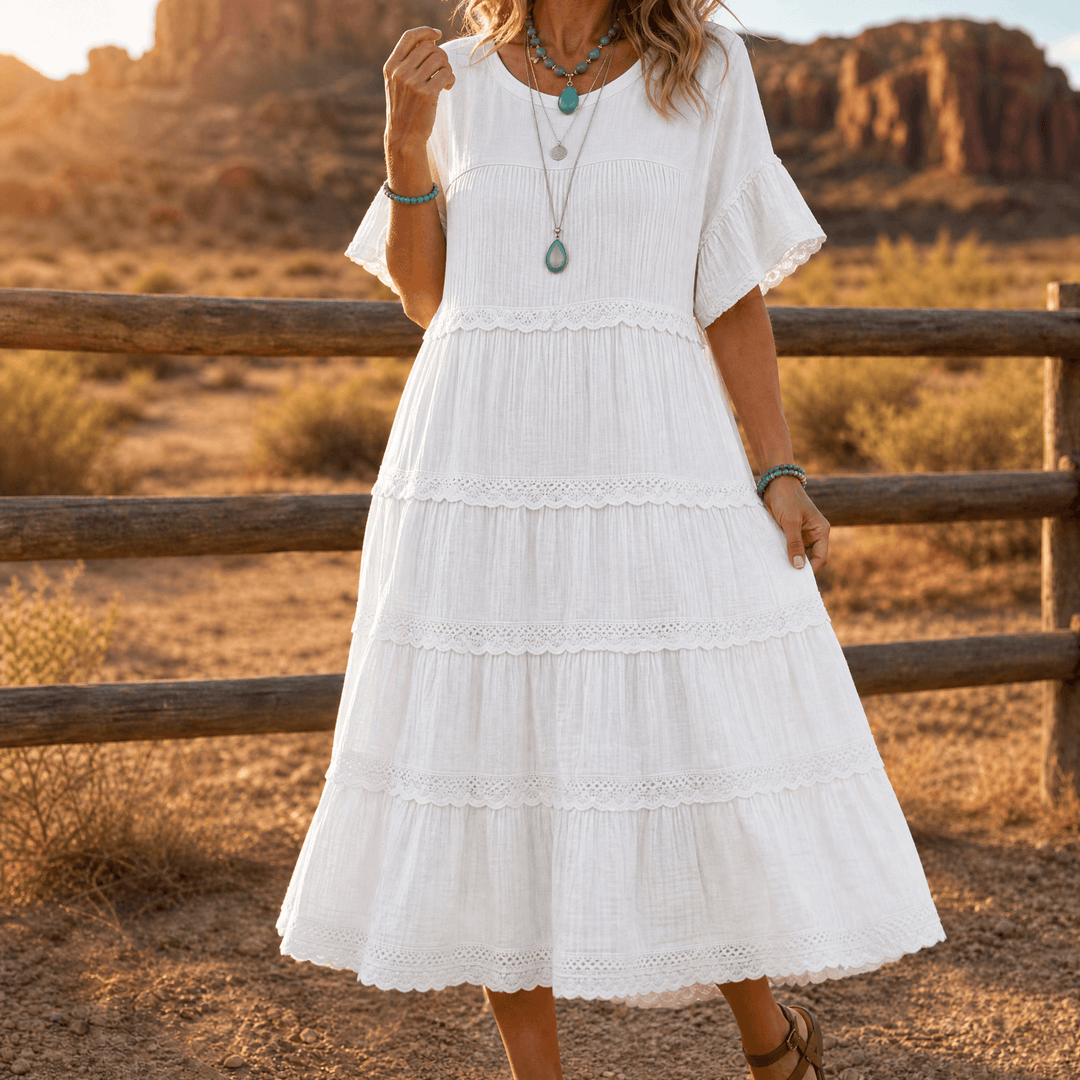 Sundara – Women's Tiered Lace Midi Dress with Hidden Pockets