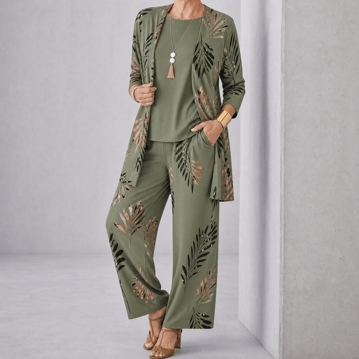 Trielle – Women's 3-Piece Printed Pantsuit Set, Duster, Shell and Wide-Leg Pants