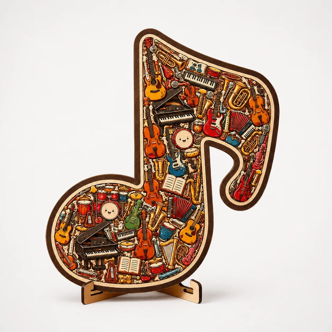 Melora – Wooden look Musical Note Puzzle with Instrument Shaped Pieces, Display Stand Included