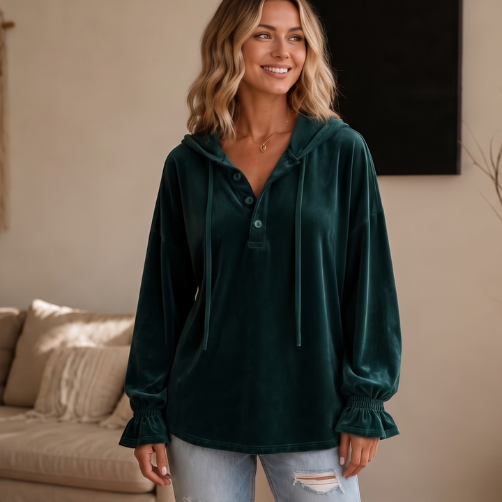 Drapella – Lantern Sleeve Ruffled Cuff Hoodie