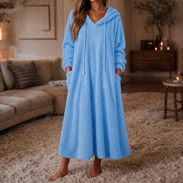Wrapelle – Hooded Plush A-Line Maxi Lounge Dress