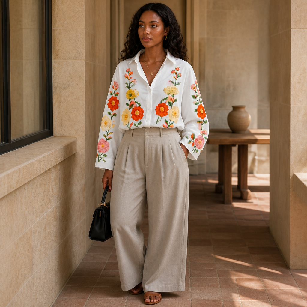 Lunabloom – Floral Embroidered-Look Lapel-Collar Blouse