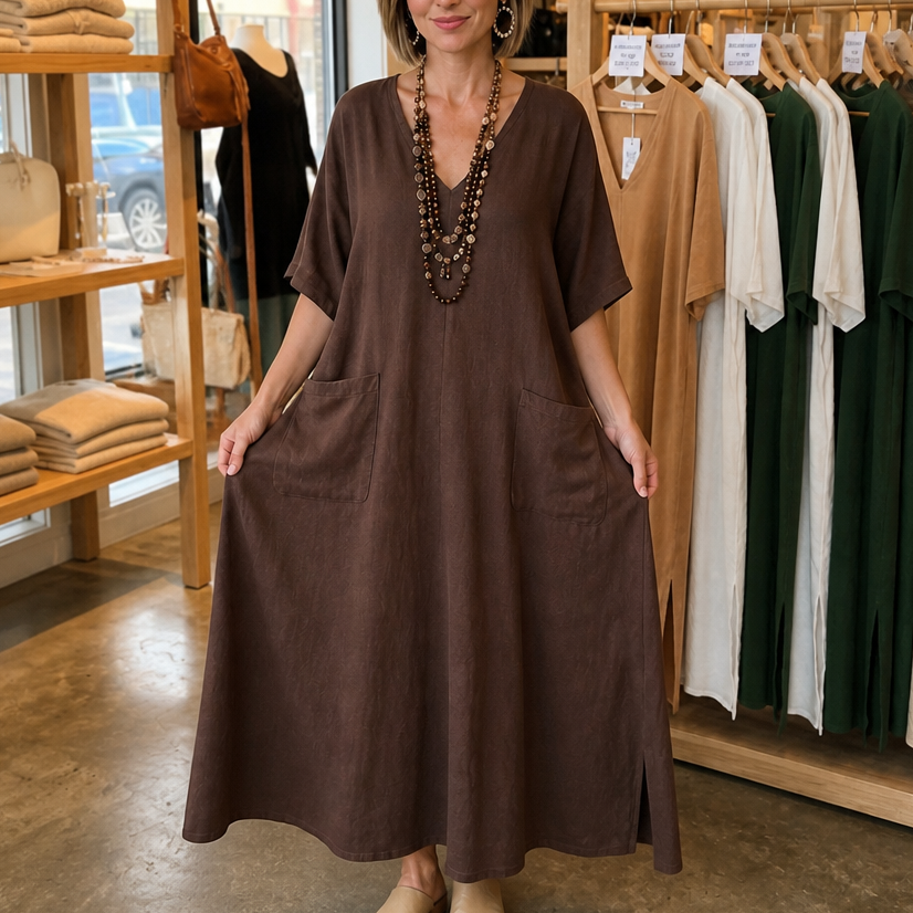 Marisole – Pocketed Loose-Fit V-Neck Maxi Dress