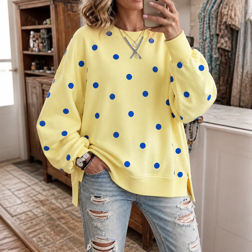 Sunbelle – Polka Dot Ribbon-Tie Neck Sweatshirt