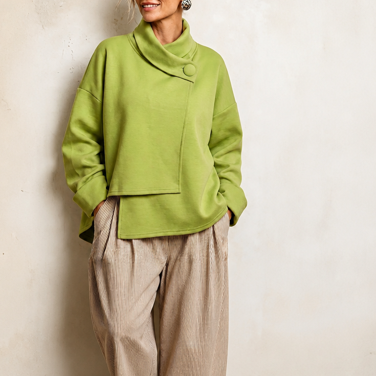 Draperly – Asymmetric Cowl Neck Button Sweatshirt