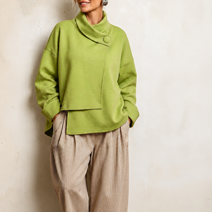 Draperly – Asymmetric Cowl Neck Button Sweatshirt