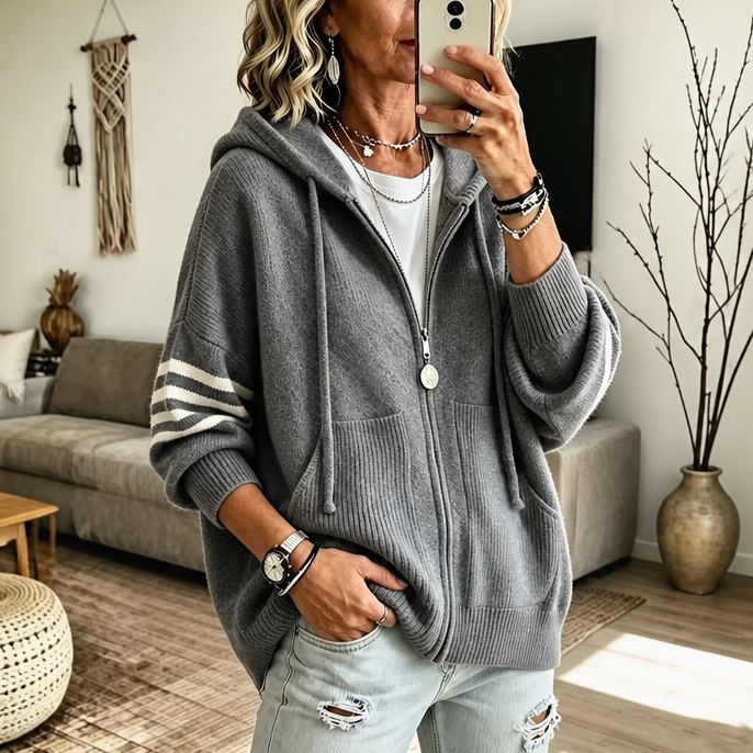 Wearbella – Striped-Sleeve Drop-Shoulder Zip Hoodie