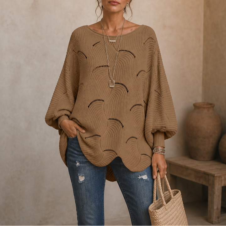 Wavelune – Openwork Wave-Knit Batwing Sweater