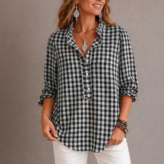 Larkspur – Ruffle Collar Gingham Placket Blouse